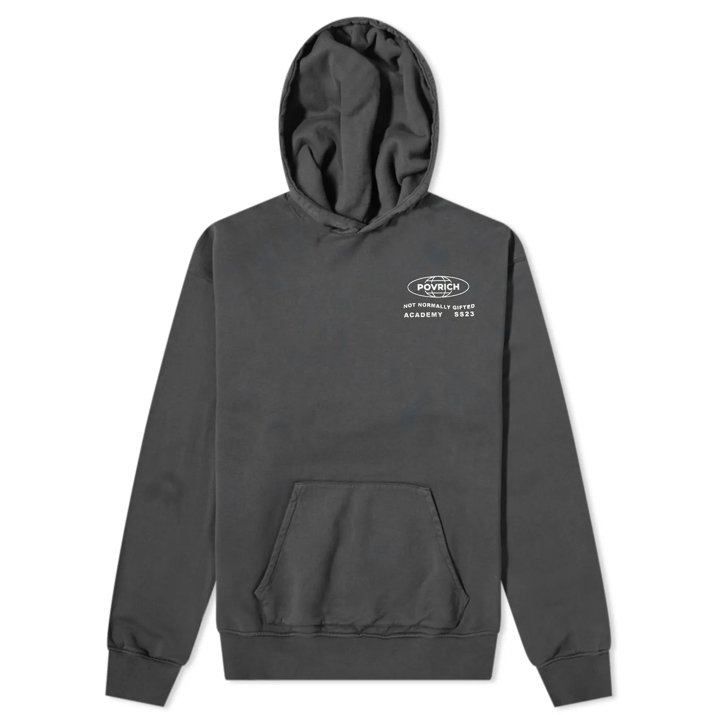 Povrich Empathetic Hoodie in washed grey with print at front and back. Made from high-quality 400 GSM cotton for warmth and durability. Features a drawstring hood, ribbed cuffs and hem, and a front kangaroo pocket. Perfect for casual streetwear looks