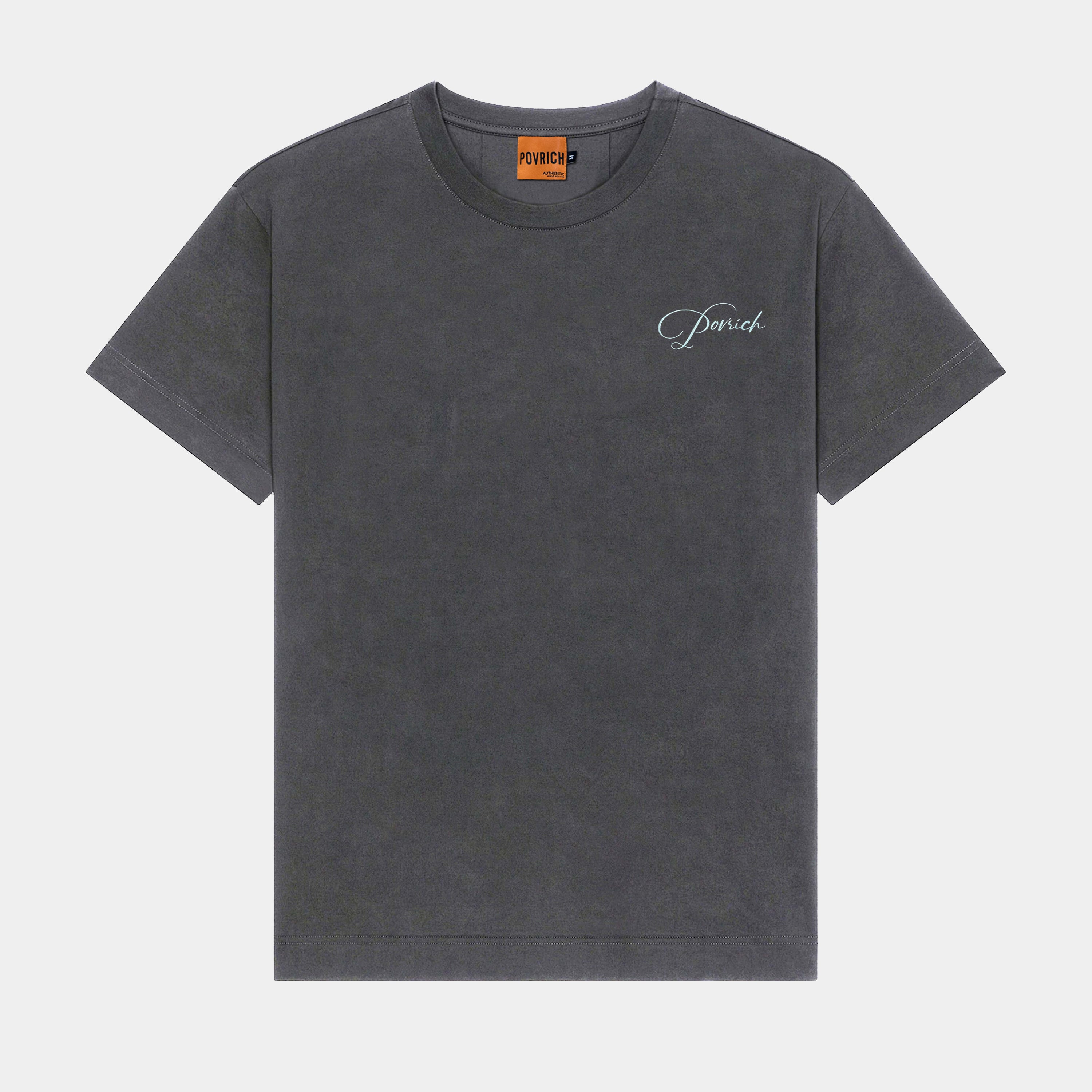 Washed Grey Embroidered Signature Tee with Povrich Logo. A classic and versatile streetwear piece. Made with high-quality cotton for comfort and durability.
