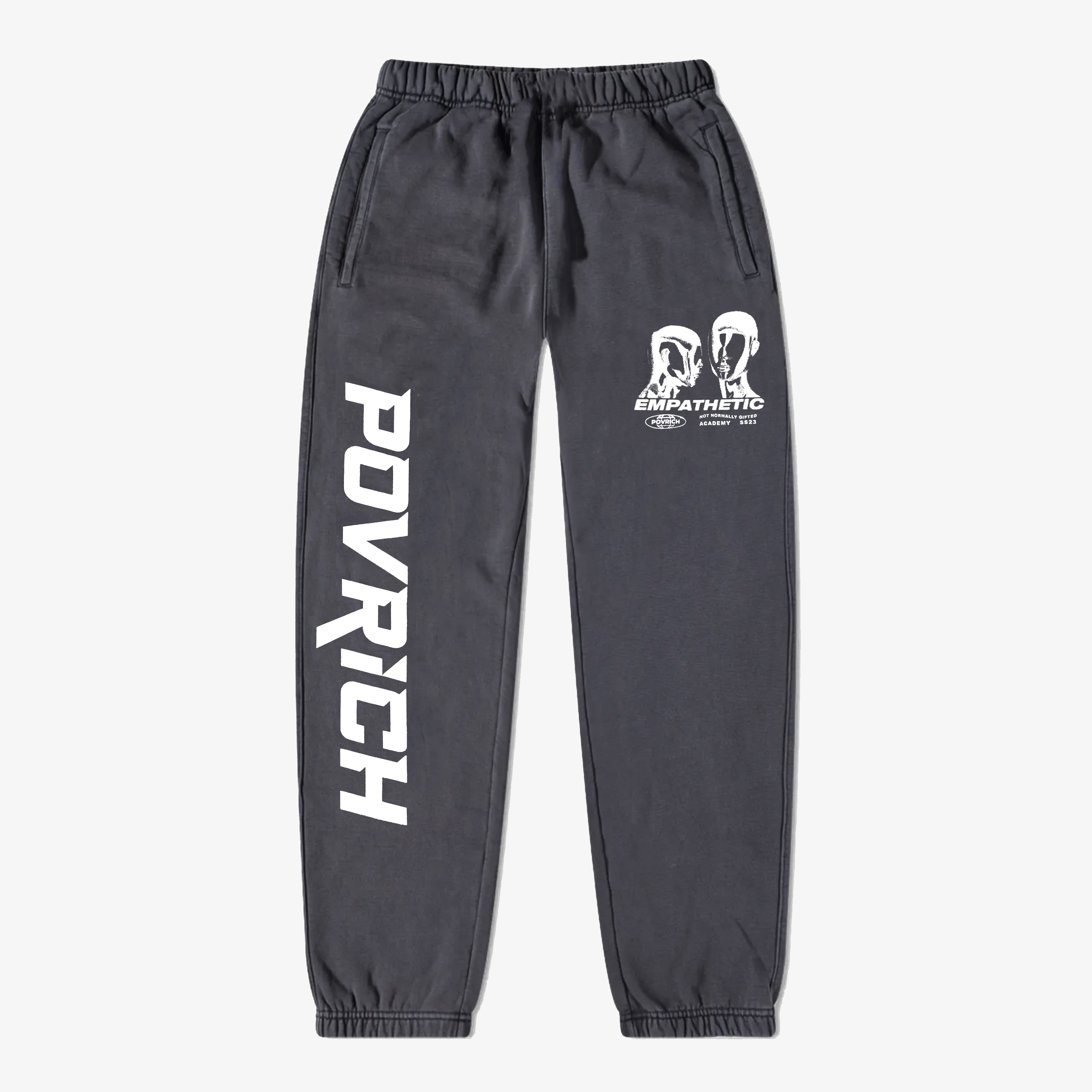 Empathetic Joggers by Povrich, featuring a tapered fit, elasticated waistband, and drawstring closure. Made from premium cotton material for maximum comfort. Shadow color with red graphic designs on left & right legs. 